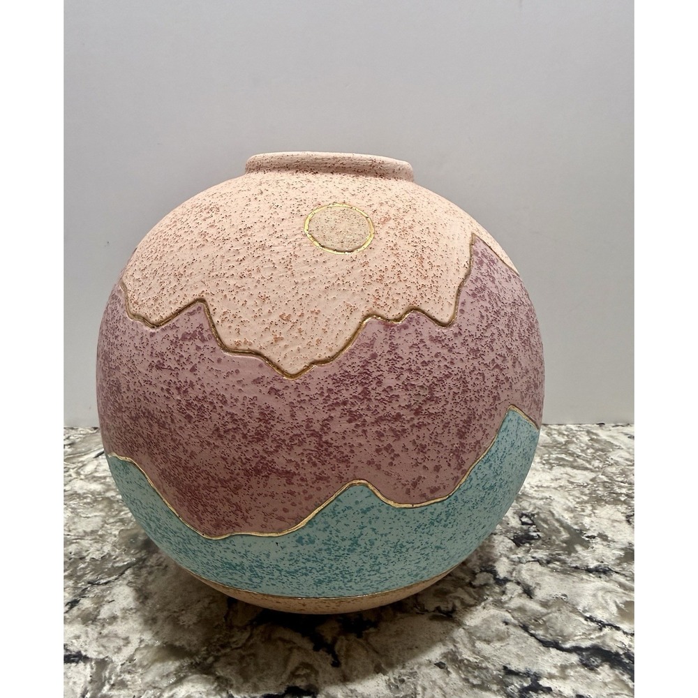 VTG Southwest Pottery Round Vase Native American Gold Trim 80s 90s